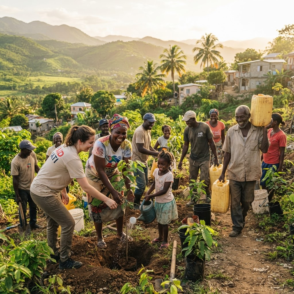 Membres de la communauté et volontaires travaillant ensemble en Haïti